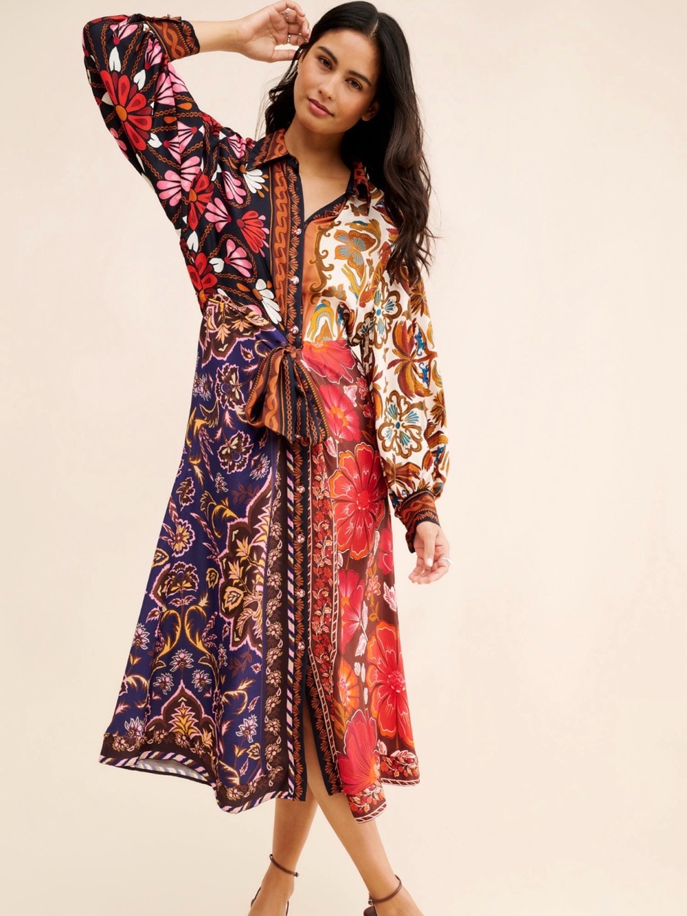 Farm Rio Miranda Mix Chemise Mixed Floral Patchwork Midi Shirt Dress.